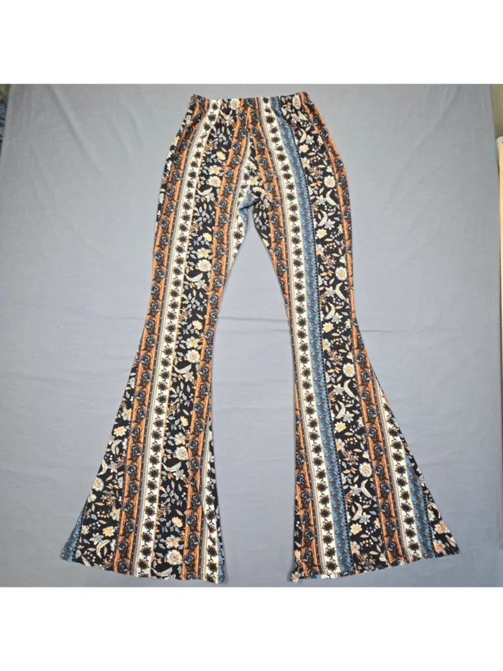 Très Bien Womens XS Flared Boho Pants Festival Striped Floral Vintage Hippie - Picture 4 of 5